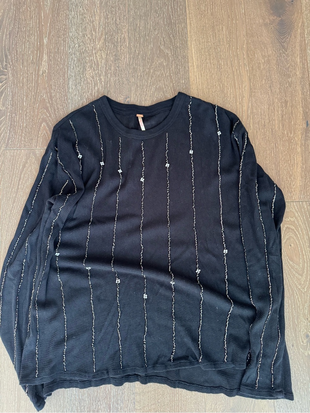 Free People Black Long-Sleeve Crew with Metallic Stripe Detail
